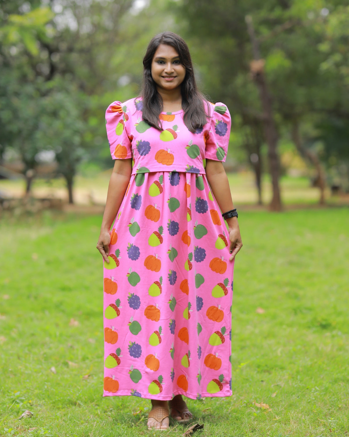 Fruity | Zipless Maternity Dress - Puff Sleeves | Full Length Maxi