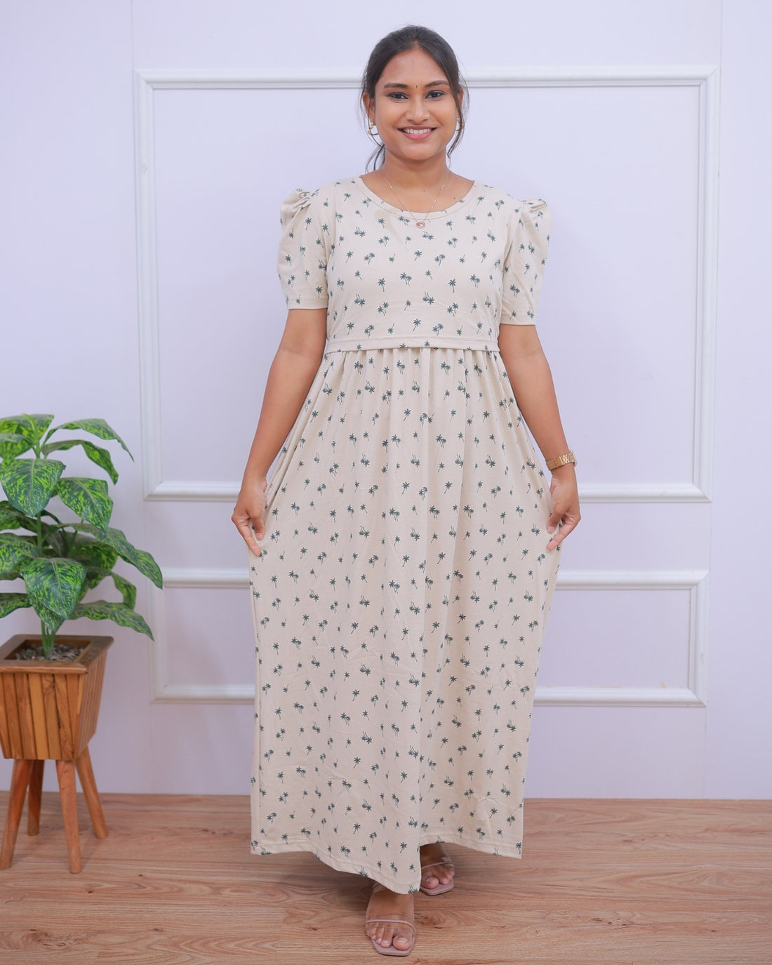 Akshara | Zipless Maternity Dress - Puff Sleeves | Full Length Maxi