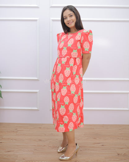 Berry Sweet | Zipless Maternity Dress - Puff Sleeves | Calf Length