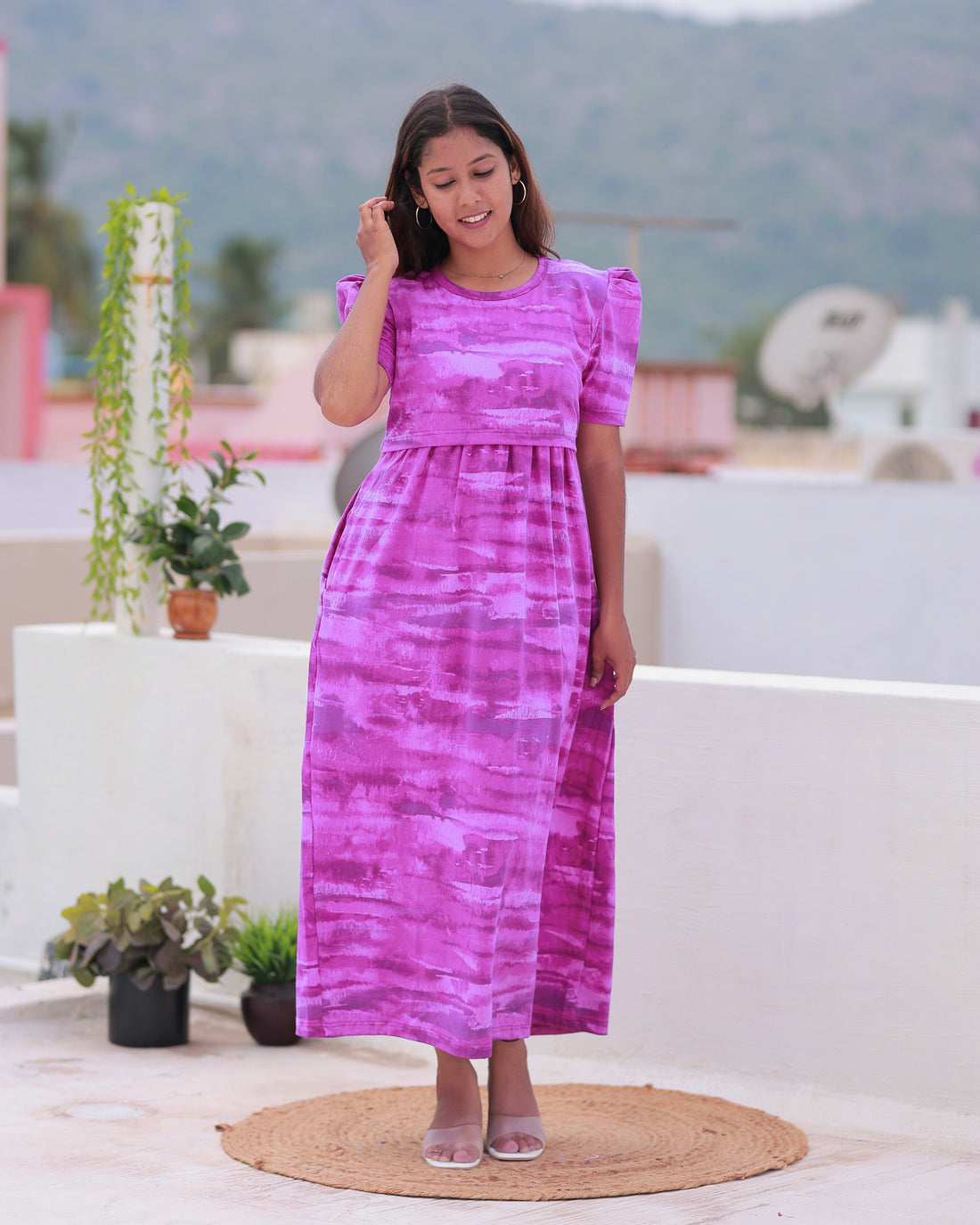 Ada | Zipless Maternity Dress - Puff Sleeves | Full Length