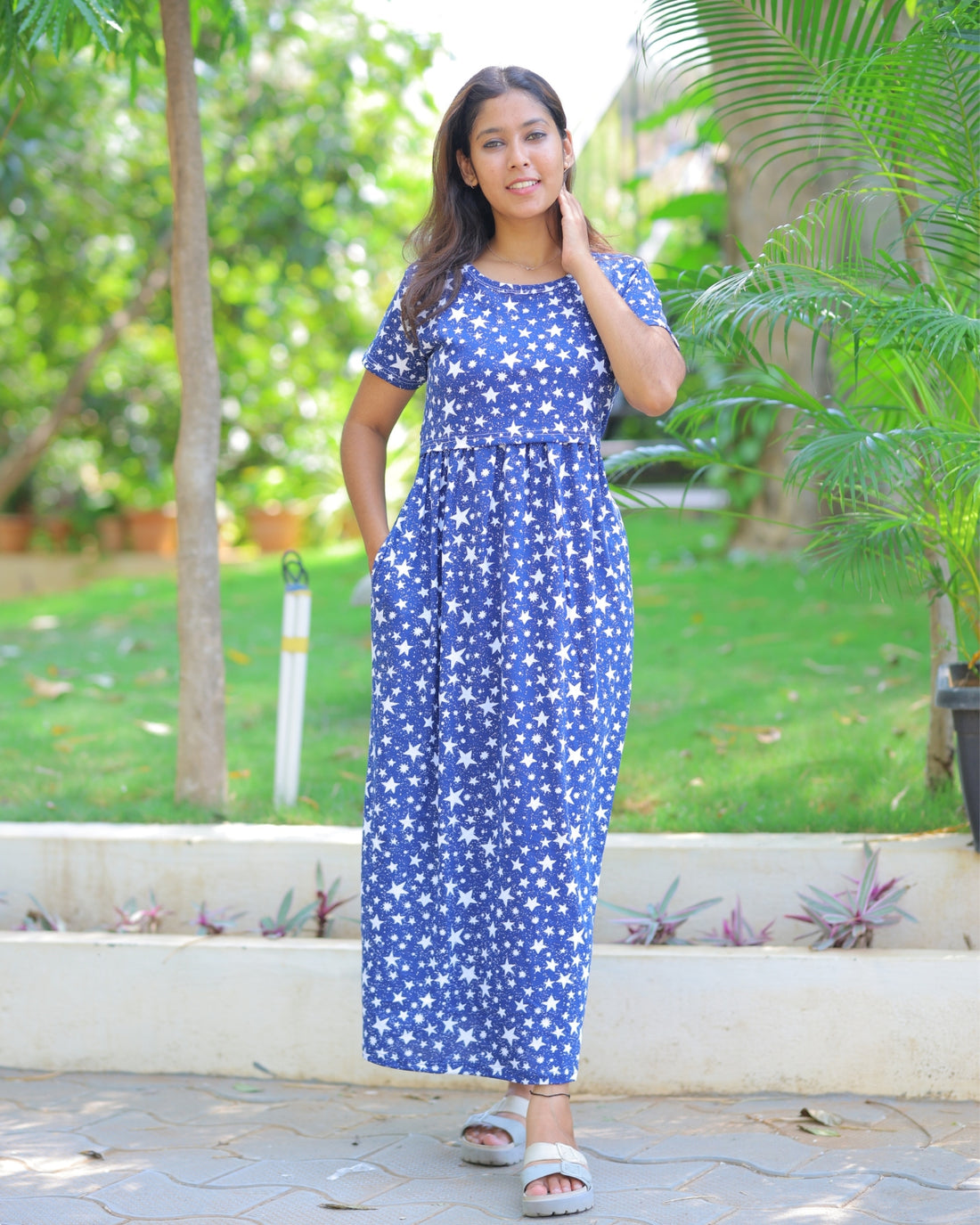 Blue Star | Zipless Maternity Dress - Normal Sleeves | Full Length Maxi