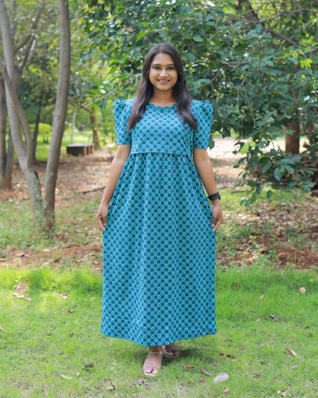 Teal B&amp;G | Zipless Maternity Dress - Puff Sleeves | Full Length Maxi