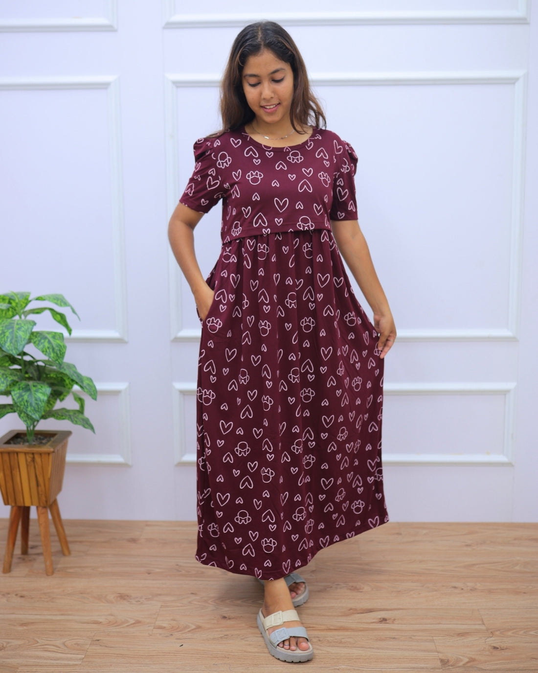 Aanya | Zipless Maternity Dress - Puff Sleeves | Full Length Maxi