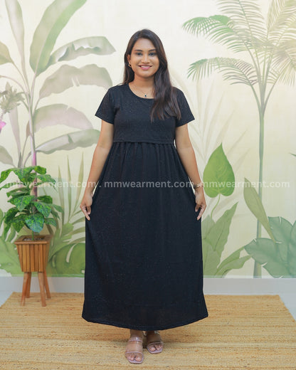 Glitter Black | Zipless Maternity Dress - Normal Sleeves | Full Length Maxi