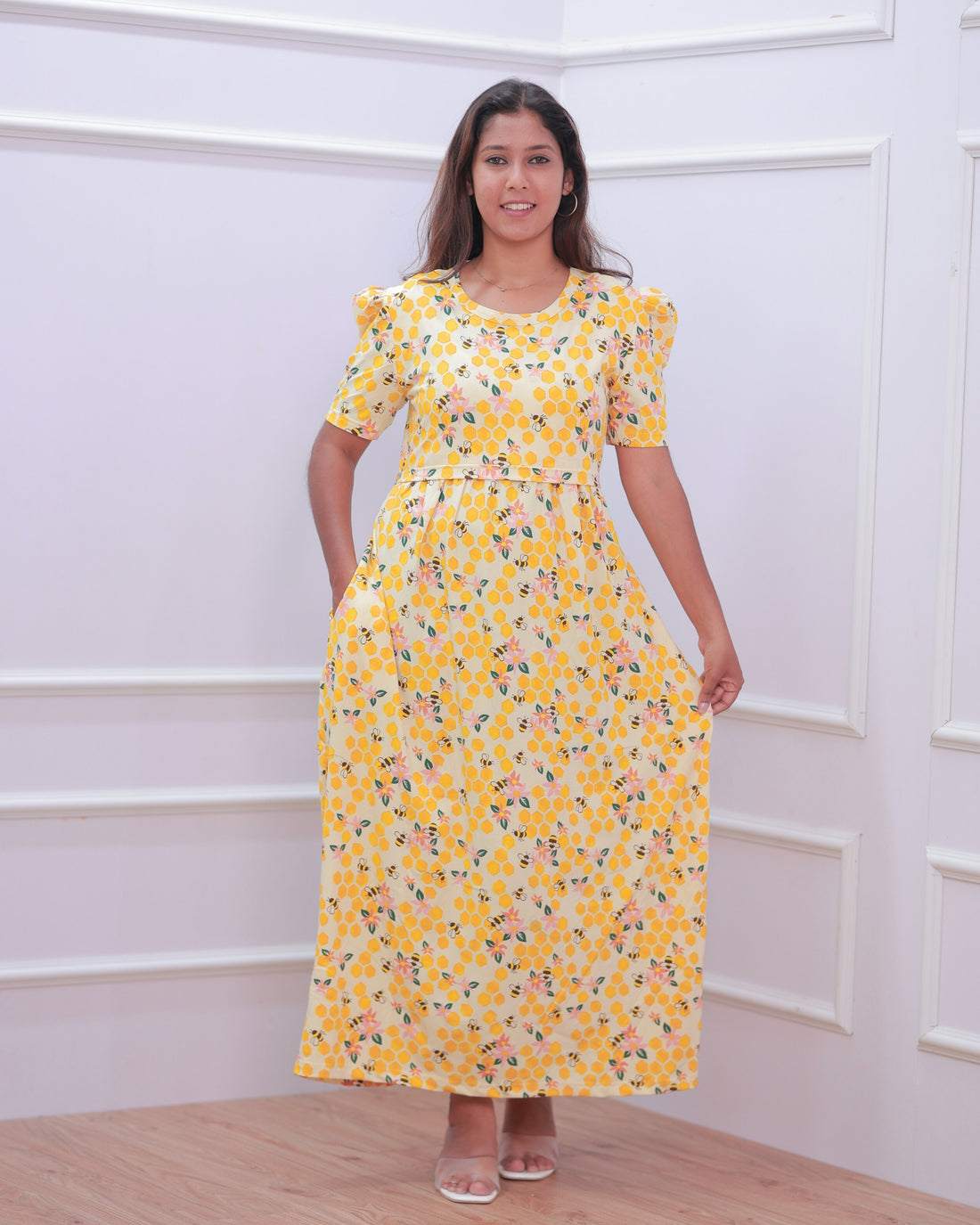 Mila | Zipless Maternity Dress - Puff Sleeves | Full Length