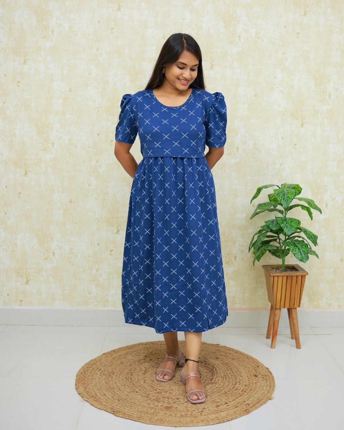 Navy Cross | Zipless Maternity Dress - Puff Sleeves | Calf Length