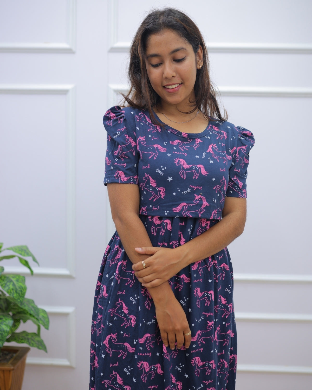 Unicorn | Zipless Maternity Dress - Puff Sleeves | Full Length Maxi