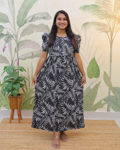 Ashvi | Zipless Maternity Dress - Puff Sleeves | Full Length Maxi