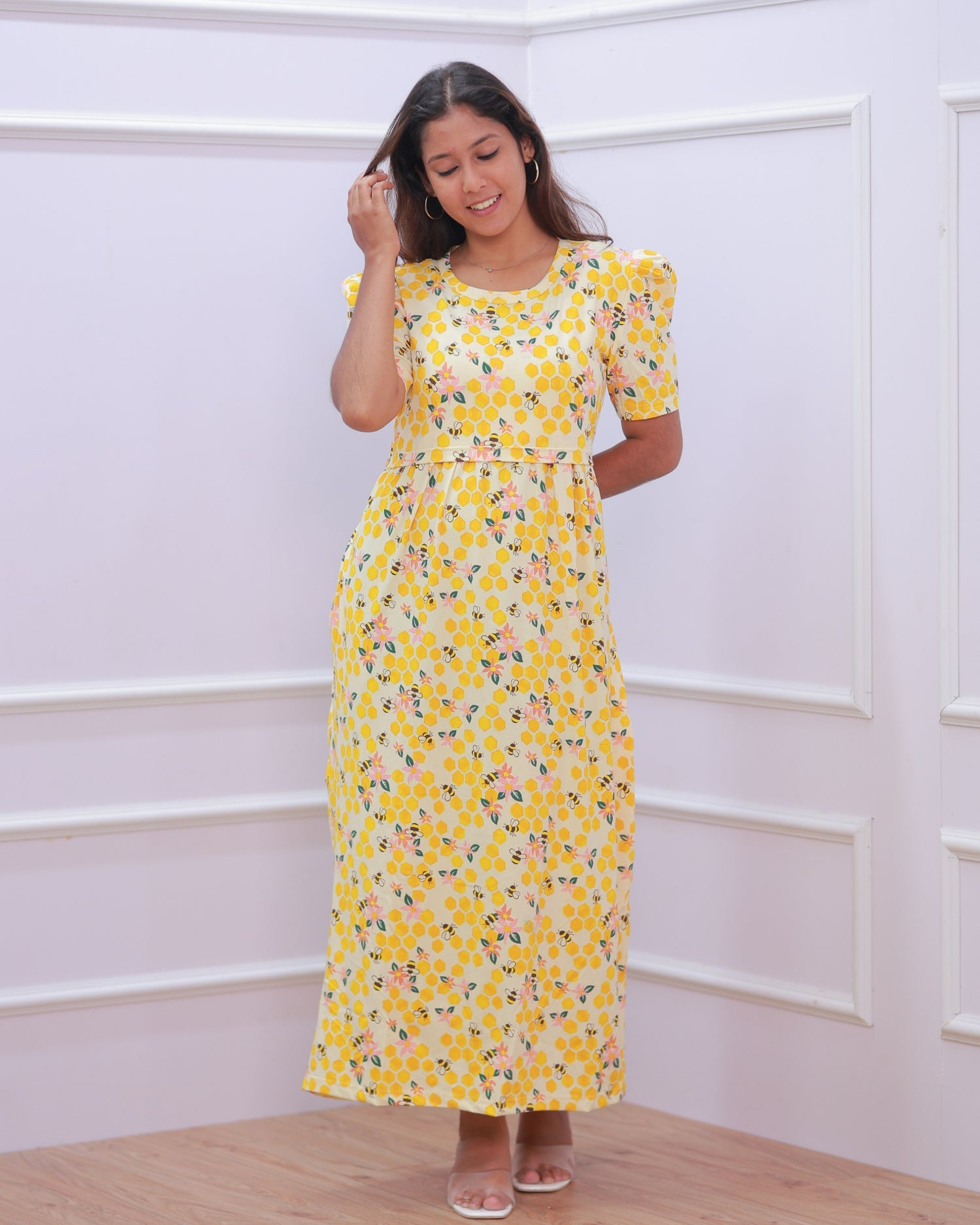Mila | Zipless Maternity Dress - Puff Sleeves | Full Length