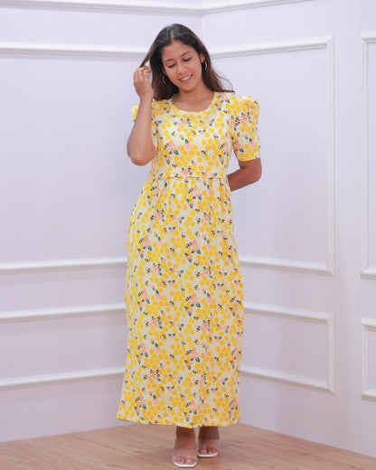 Mila | Zipless Maternity Dress - Puff Sleeves | Full Length