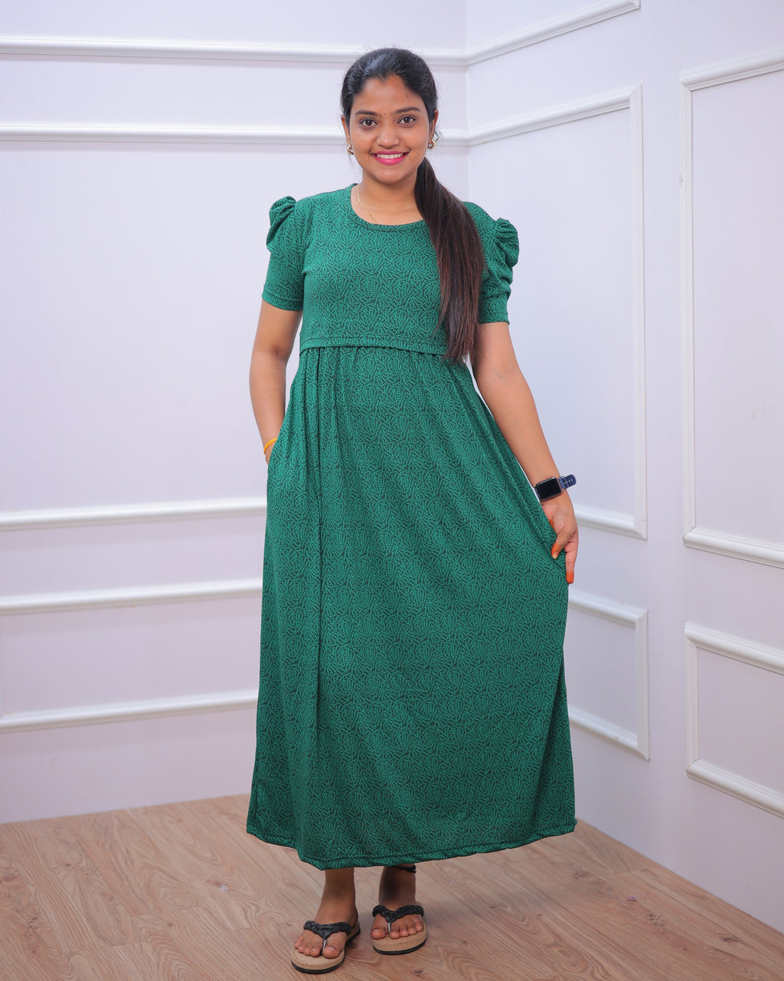 Savya | Zipless Maternity Dress - Puff Sleeves | Full Length