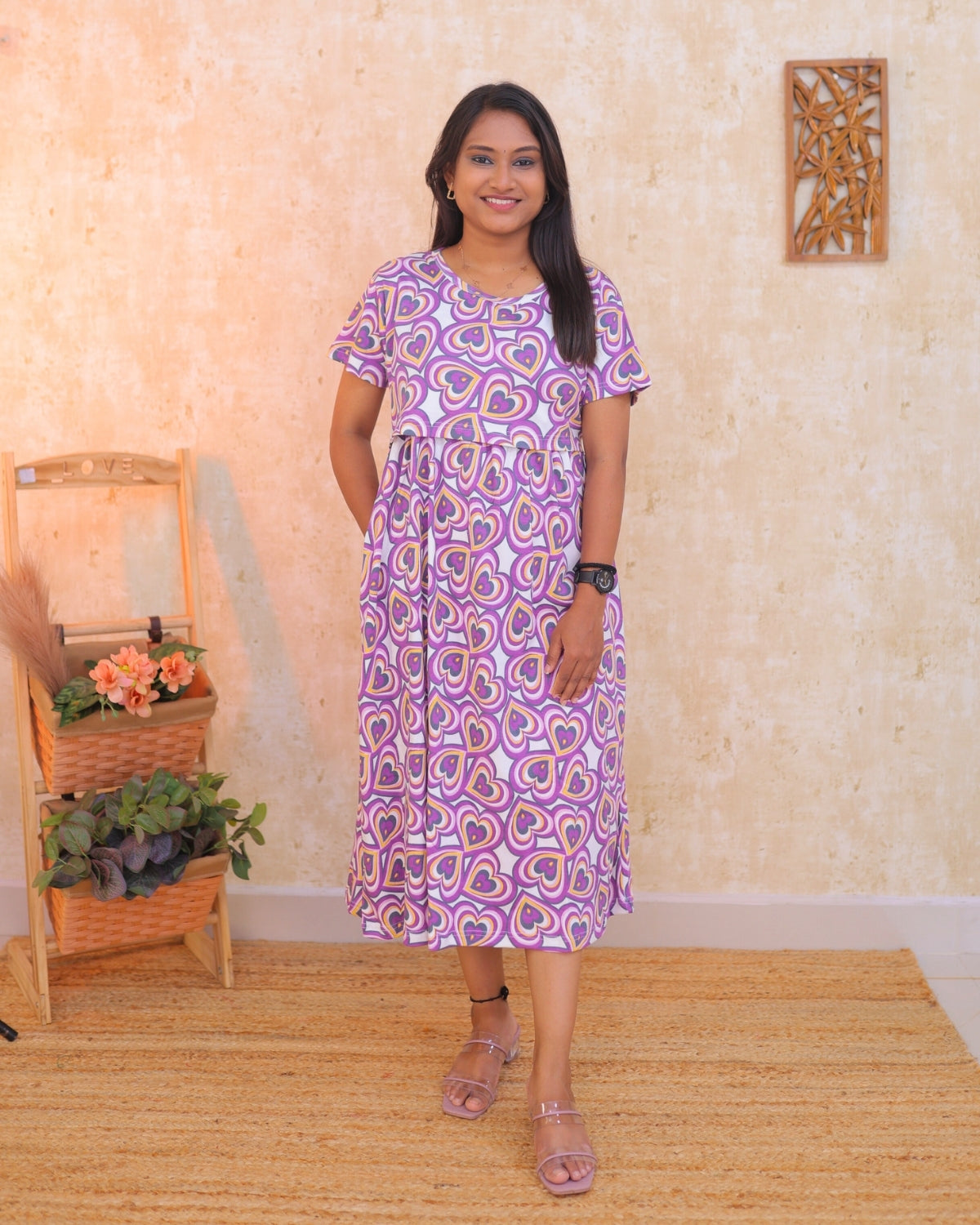 Purple Love | Zipless Maternity Dress - Normal Sleeves | Calf Length