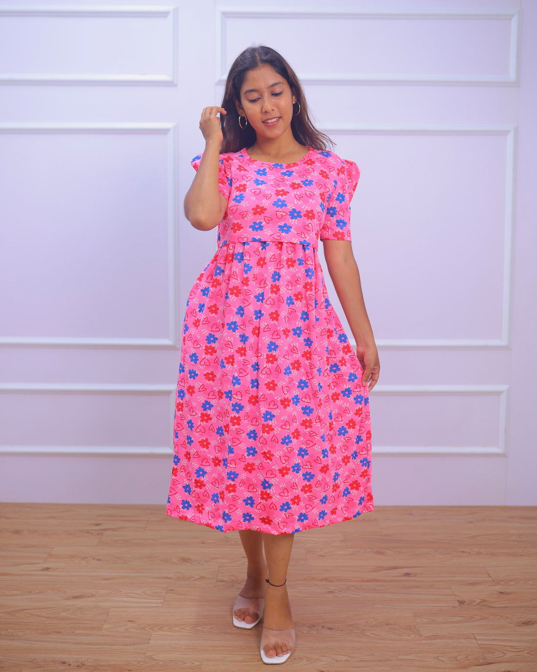 Clara| Zipless Maternity Dress - Puff Sleeves | Calf Length