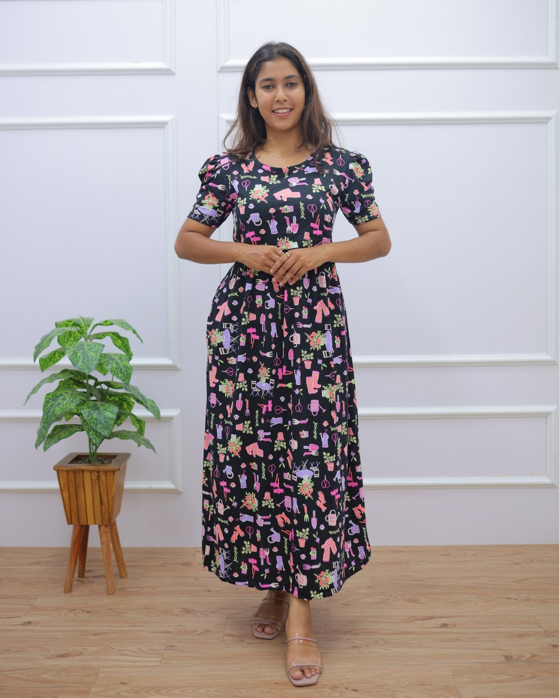 Lajja | Zipless Maternity Dress - Puff Sleeves | Full Length Maxi