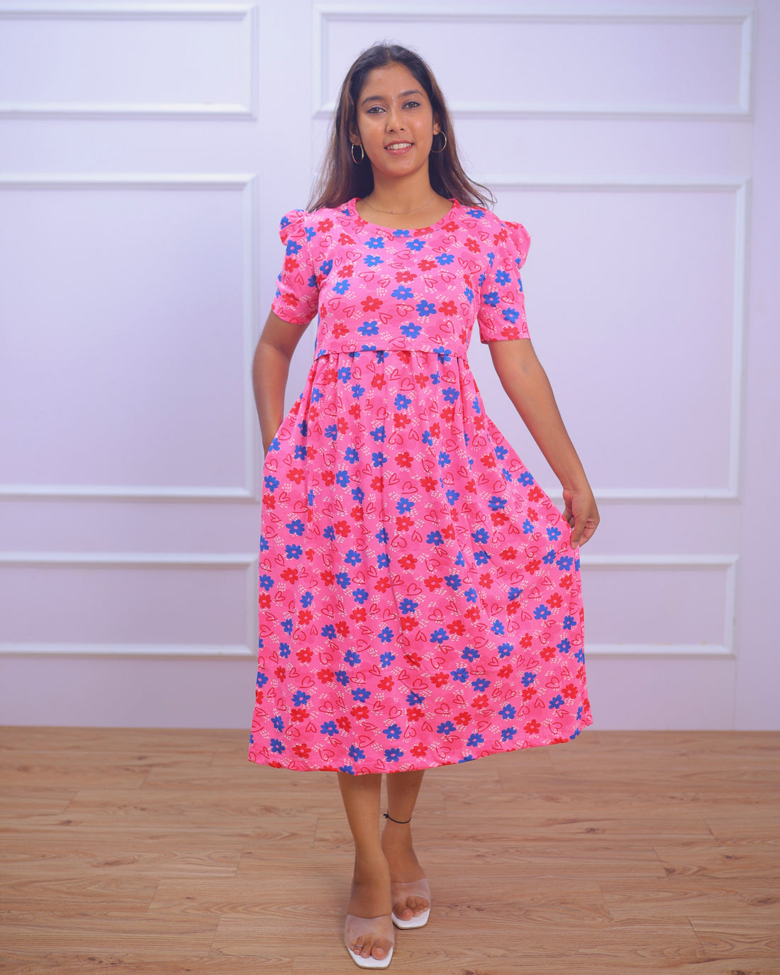 Clara| Zipless Maternity Dress - Puff Sleeves | Calf Length