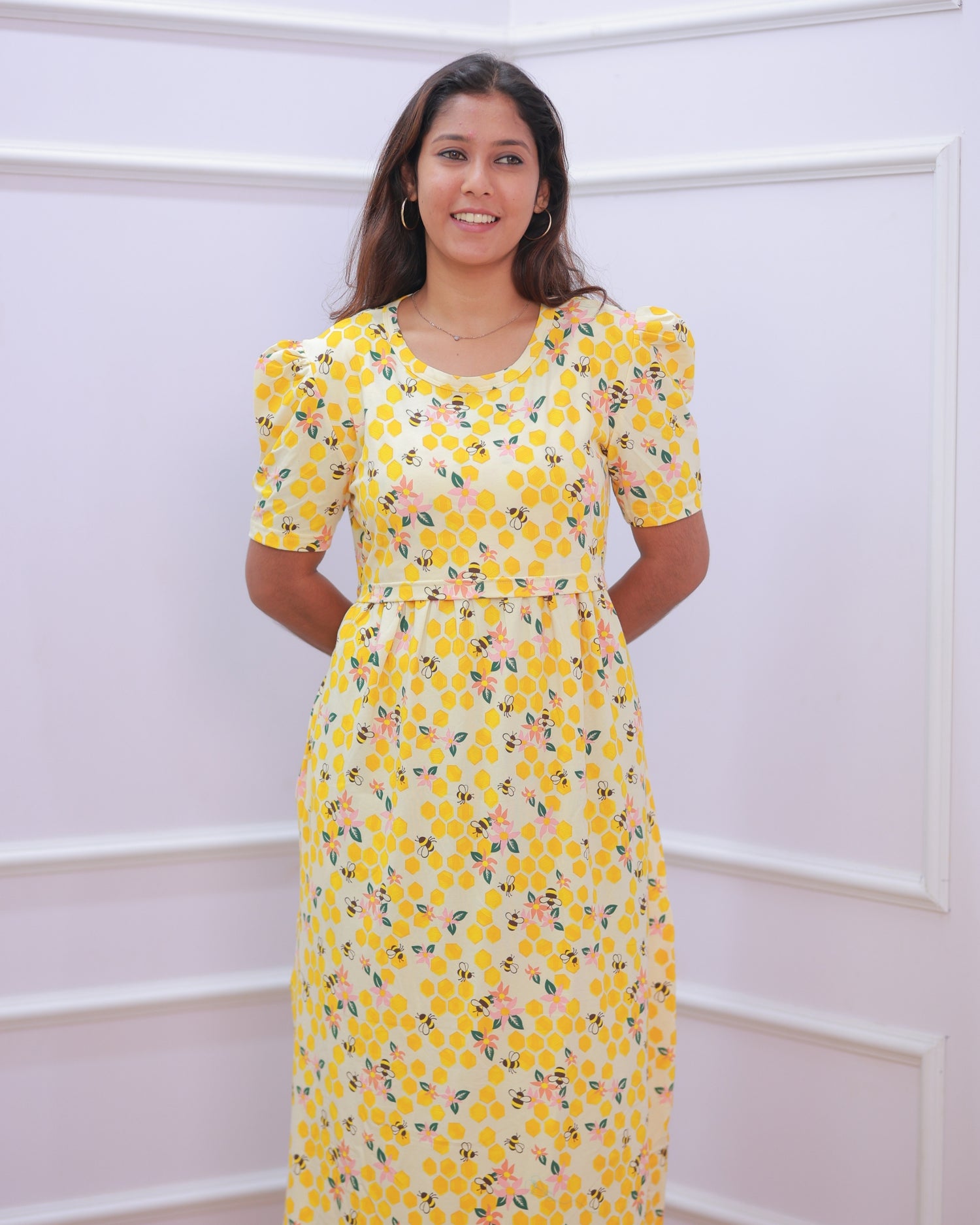 Mila | Zipless Maternity Dress - Puff Sleeves | Full Length