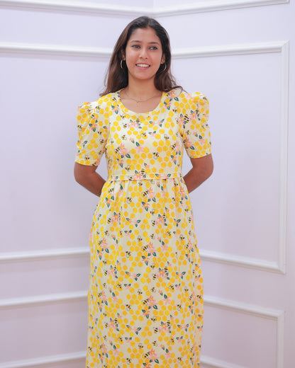 Mila | Zipless Maternity Dress - Puff Sleeves | Full Length