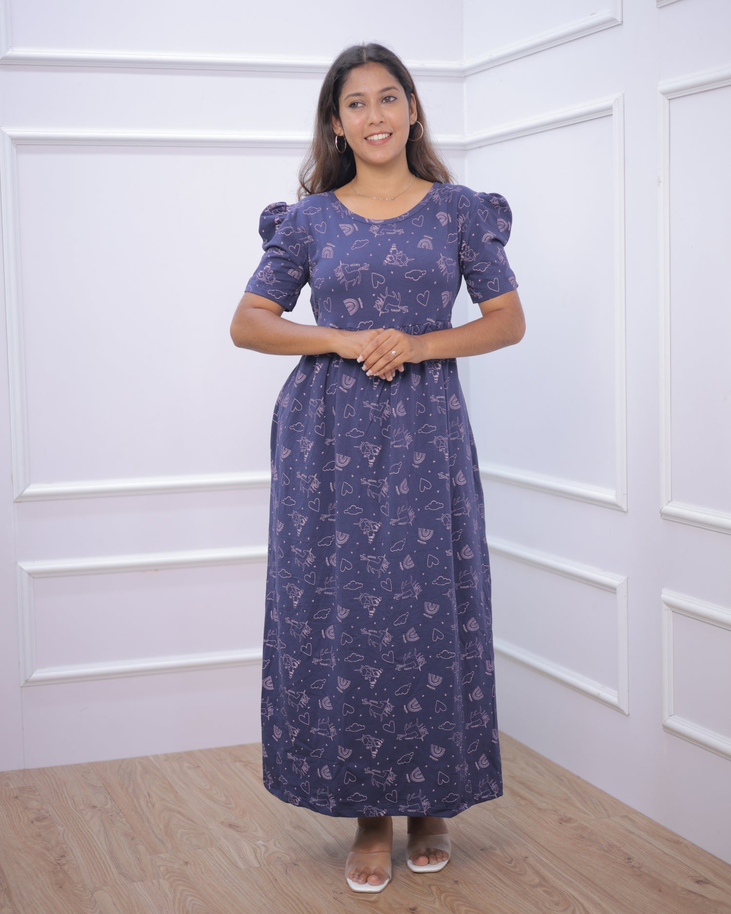 Navy Horn | Casual Non-Maternity Loungewear - Puff Sleeve | Full Length