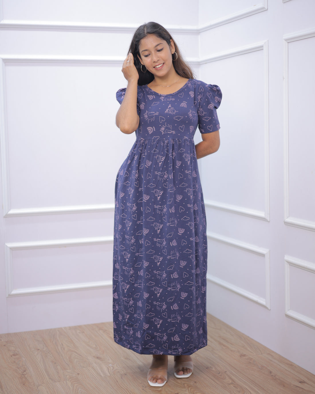 Navy Horn | Casual Non-Maternity Loungewear - Puff Sleeve | Full Length
