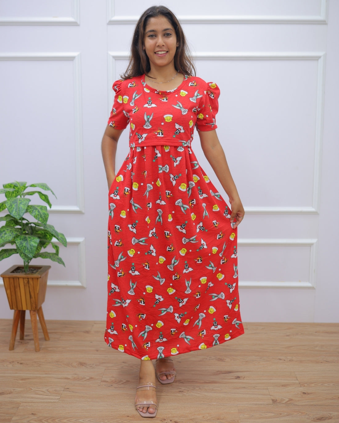 Mishka | Zipless Maternity Dress - Puff Sleeves | Full Length Maxi