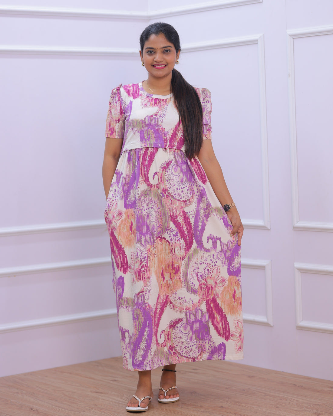 Harika | Zipless Maternity Dress - Puff Sleeves | Full Length