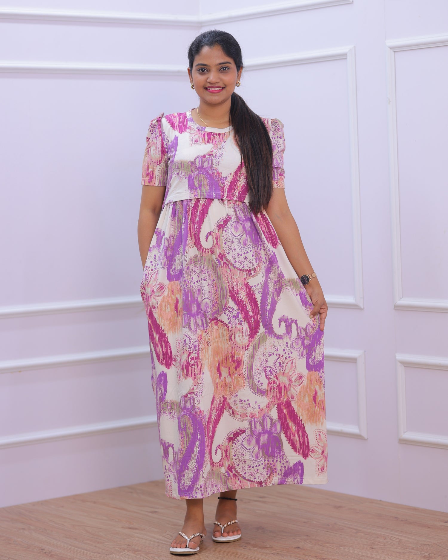 Harika | Zipless Maternity Dress - Puff Sleeves | Full Length