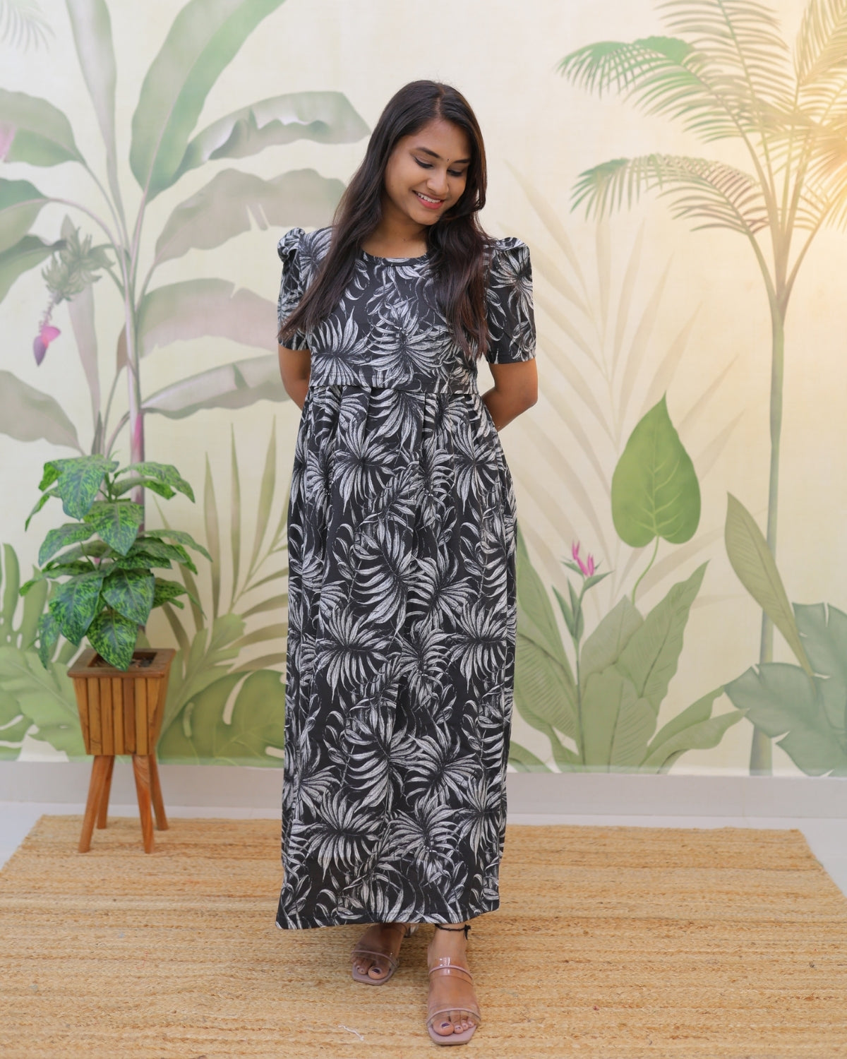 Ashvi | Zipless Maternity Dress - Puff Sleeves | Full Length Maxi