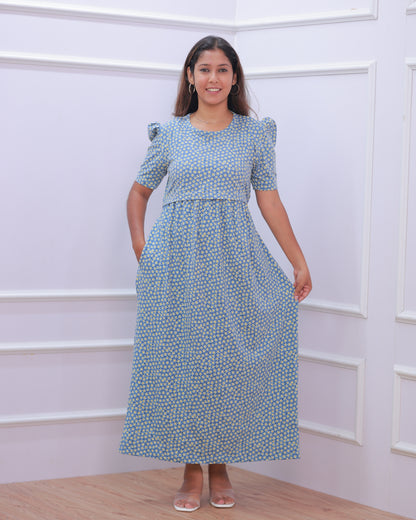 Iris V1 | Zipless Maternity Dress - Puff Sleeves | Full Length