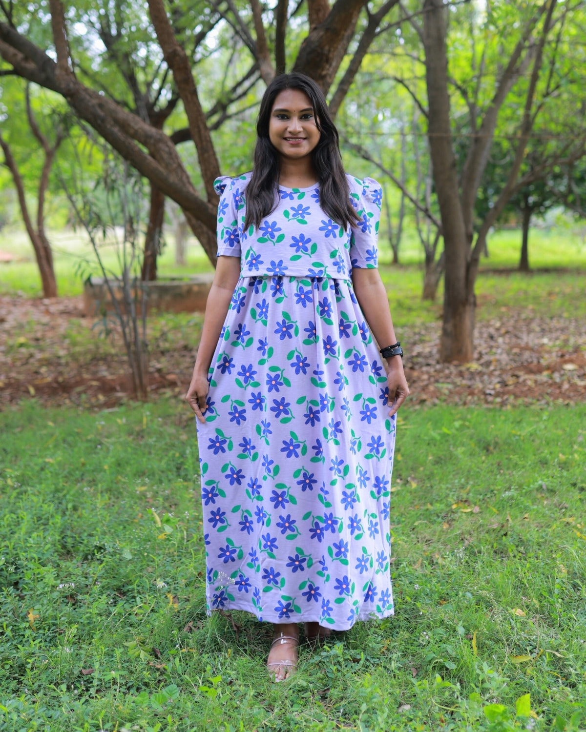 Good-day  | Zipless Maternity Dress - Puff Sleeves | Full Length Maxi