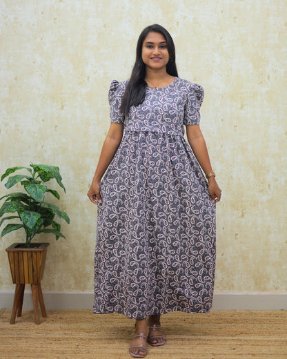 Kanika | Zipless Maternity Dress - Puff Sleeves | Full Length Maxi