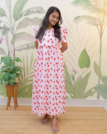 Cute-berry | Zipless Maternity Dress - Puff Sleeves | Full Length Maxi