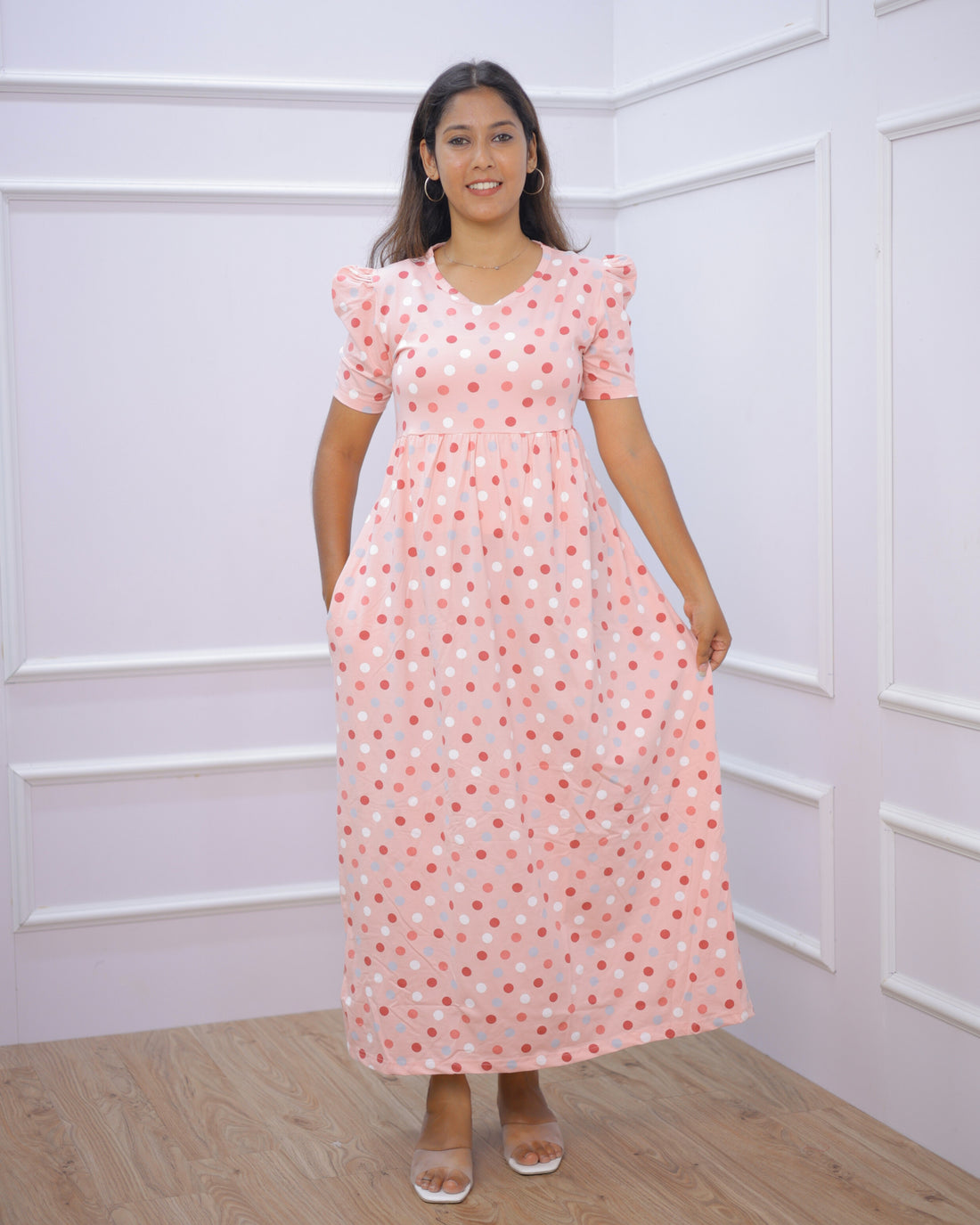 Peach Polka | Casual Non-Maternity Loungewear - Puff Sleeve | Full Length