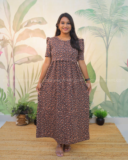 Cheeta | Zipless Maternity Dress - Puff Sleeves | Full Length Maxi