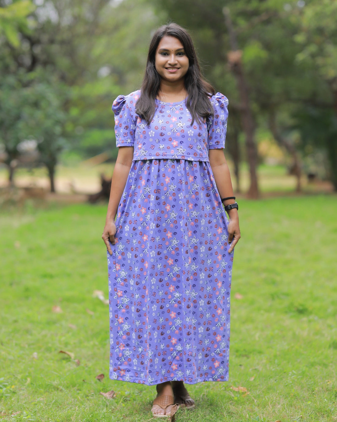 Lavender Bud | Zipless Maternity Dress - Puff Sleeves | Full Length Maxi