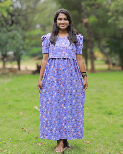 Lavender Bud | Zipless Maternity Dress - Puff Sleeves | Full Length Maxi