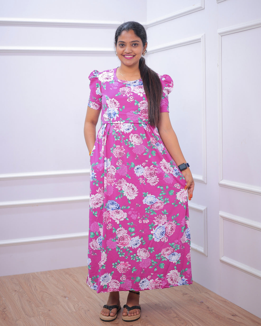 Medha | Zipless Maternity Dress - Puff Sleeves | Full Length