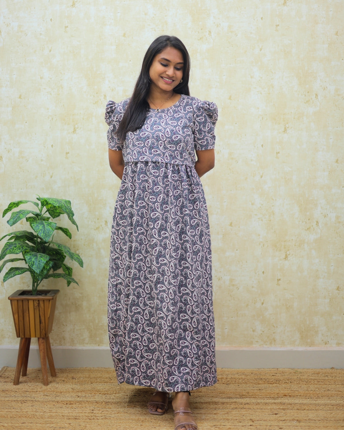 Kanika | Zipless Maternity Dress - Puff Sleeves | Full Length Maxi