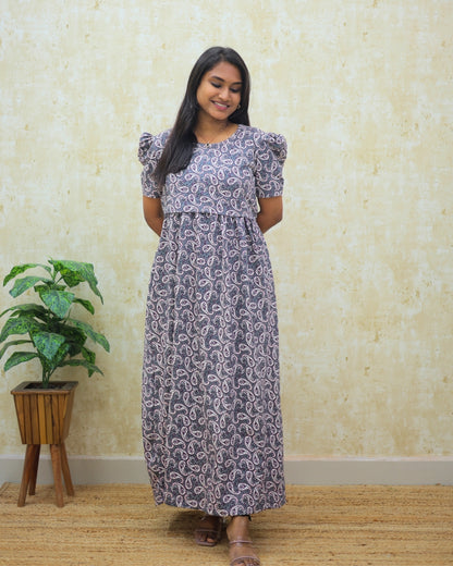 Kanika | Zipless Maternity Dress - Puff Sleeves | Full Length Maxi