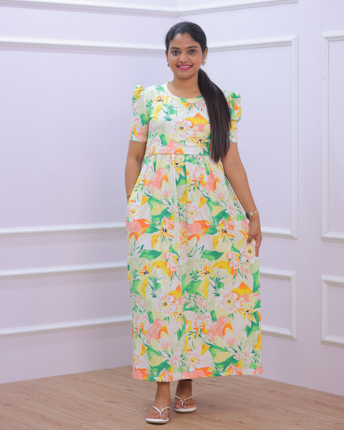 Ranaya| Zipless Maternity Dress - Puff Sleeves | Full Length