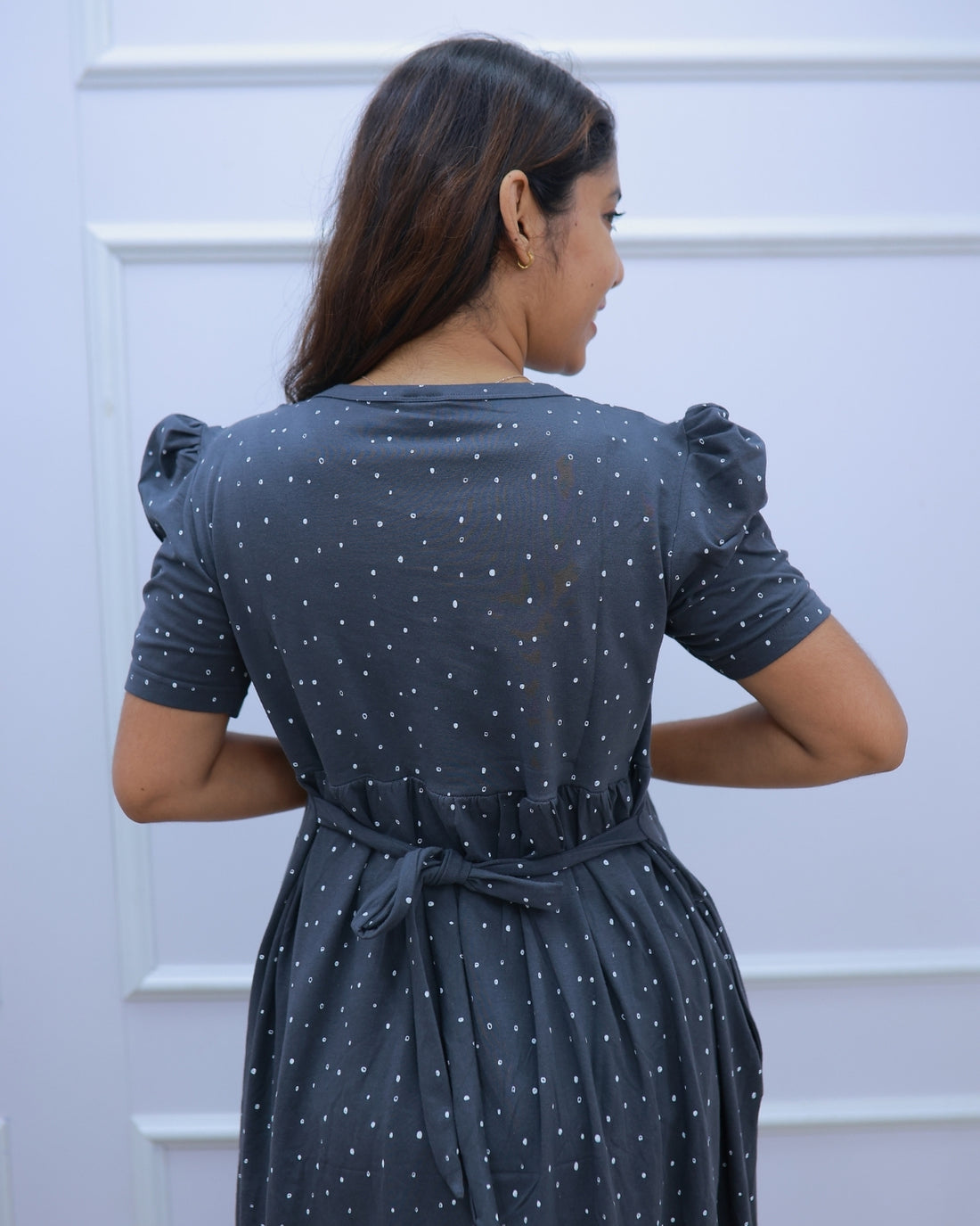 Chandra | Zipless Maternity Dress - Puff Sleeves | Full Length Maxi