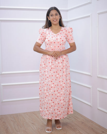 Peach Polka | Casual Non-Maternity Loungewear - Puff Sleeve | Full Length