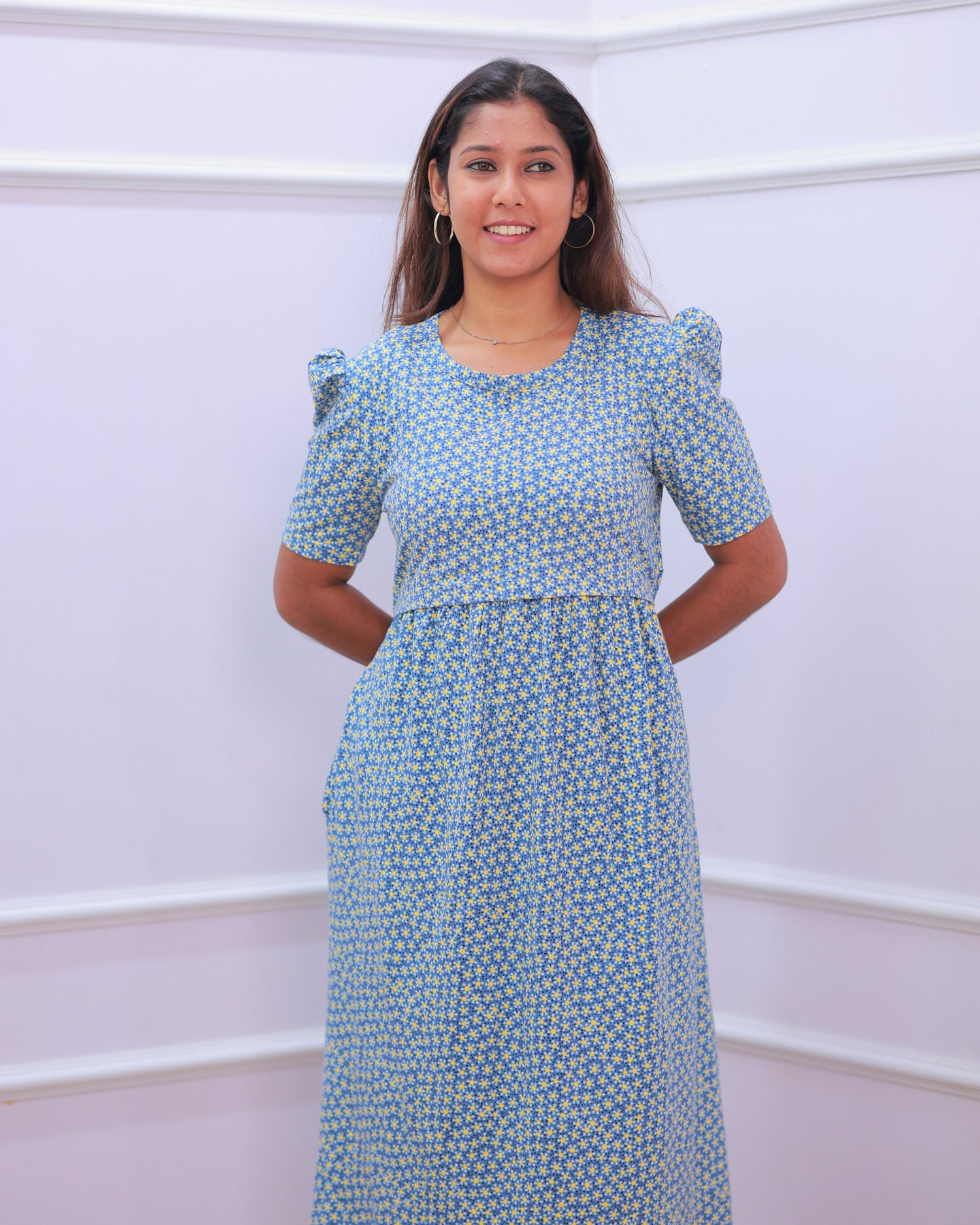 Iris V1 | Zipless Maternity Dress - Puff Sleeves | Full Length