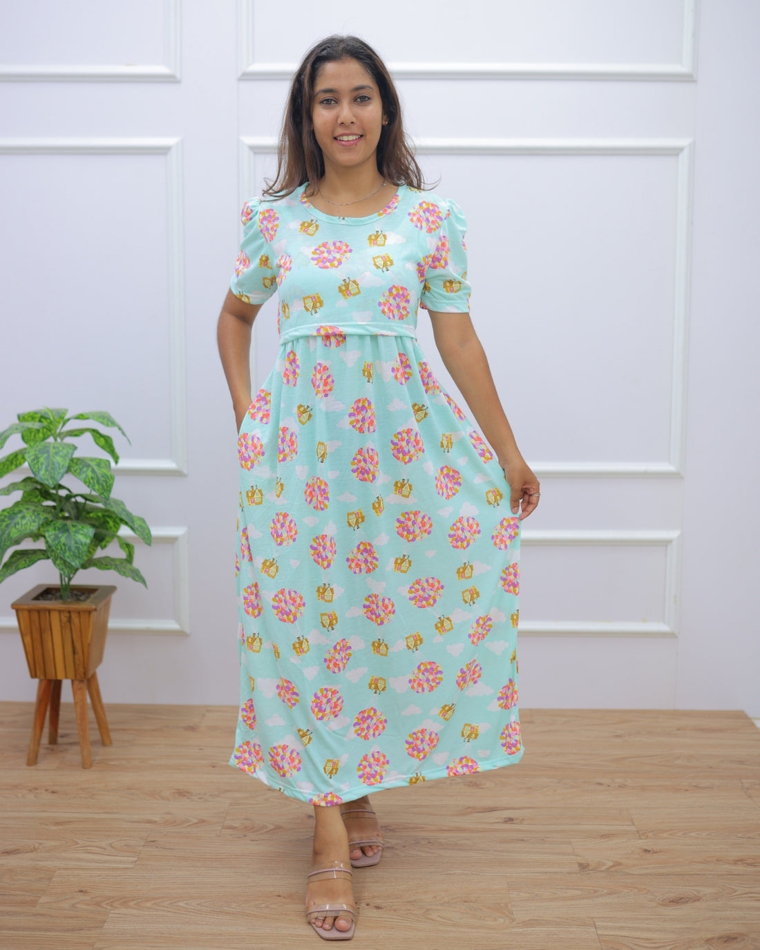Oshma | Zipless Maternity Dress - Puff Sleeves | Full Length Maxi