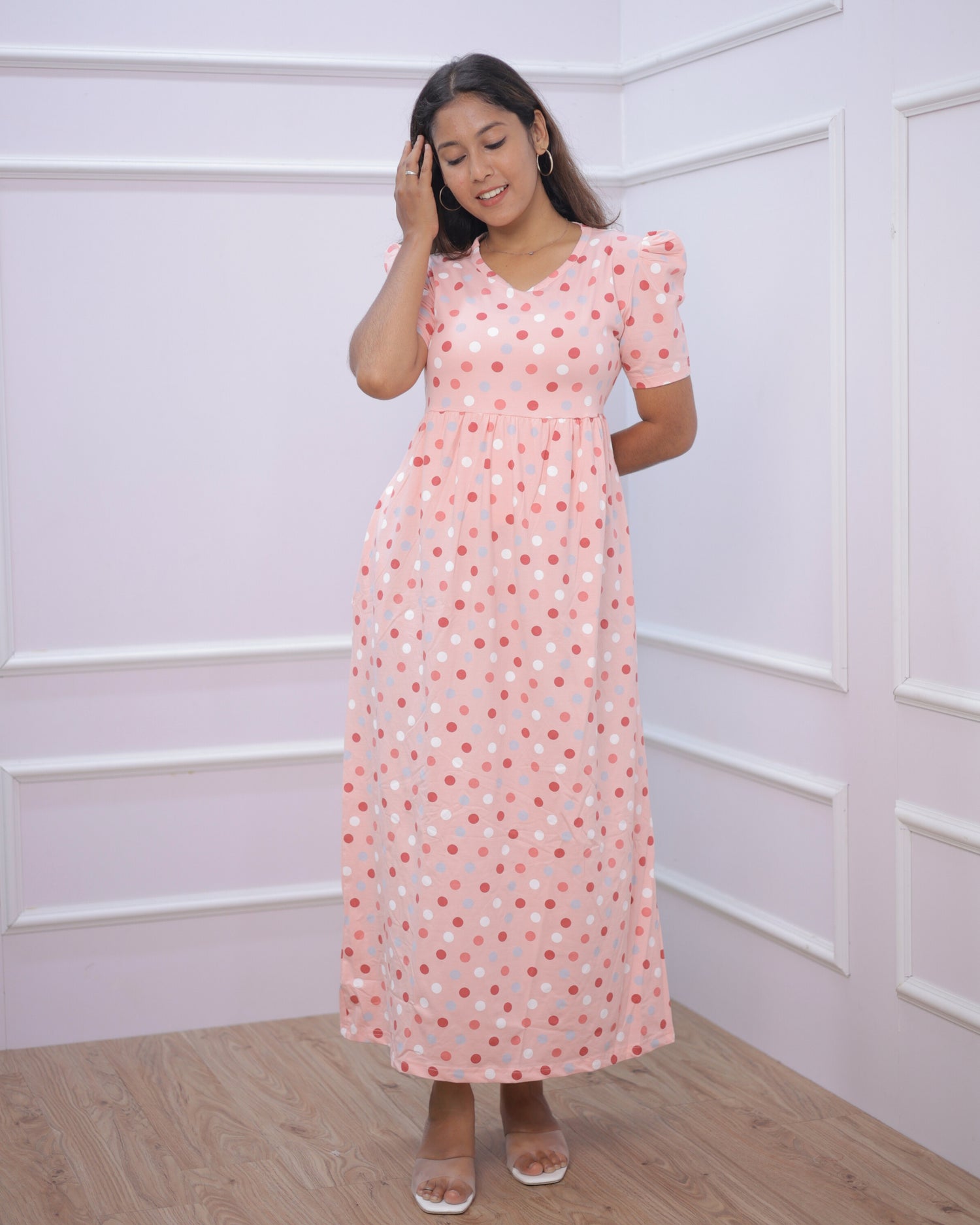 Peach Polka | Casual Non-Maternity Loungewear - Puff Sleeve | Full Length