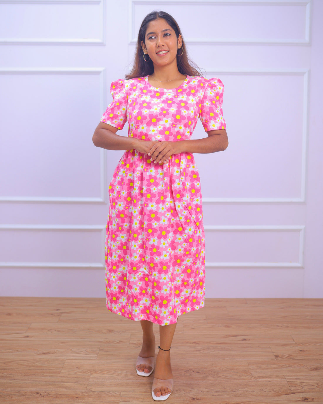 Blossom| Zipless Maternity Dress - Puff Sleeves | Calf Length