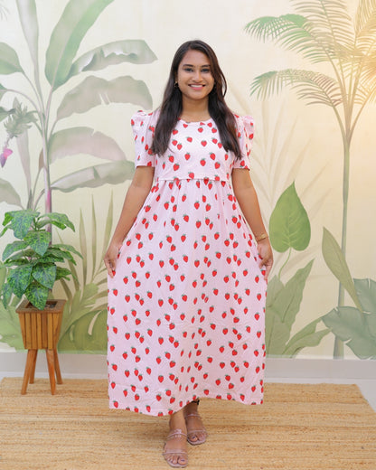 Cute-berry | Zipless Maternity Dress - Puff Sleeves | Full Length Maxi