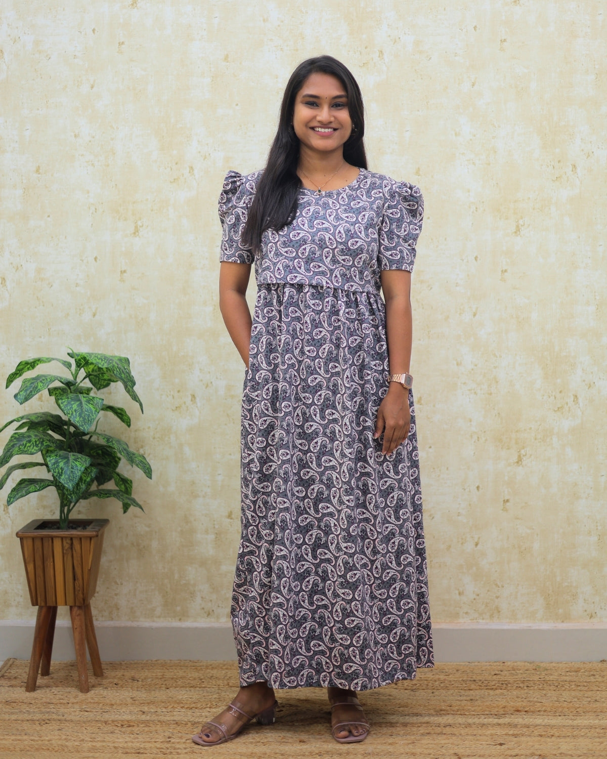 Kanika | Zipless Maternity Dress - Puff Sleeves | Full Length Maxi