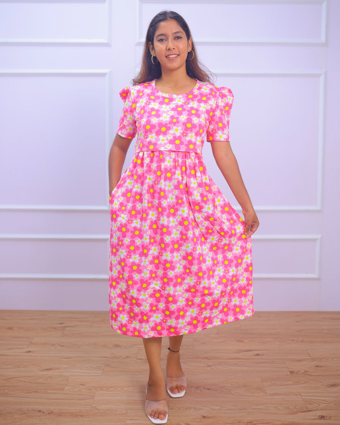 Blossom| Zipless Maternity Dress - Puff Sleeves | Calf Length