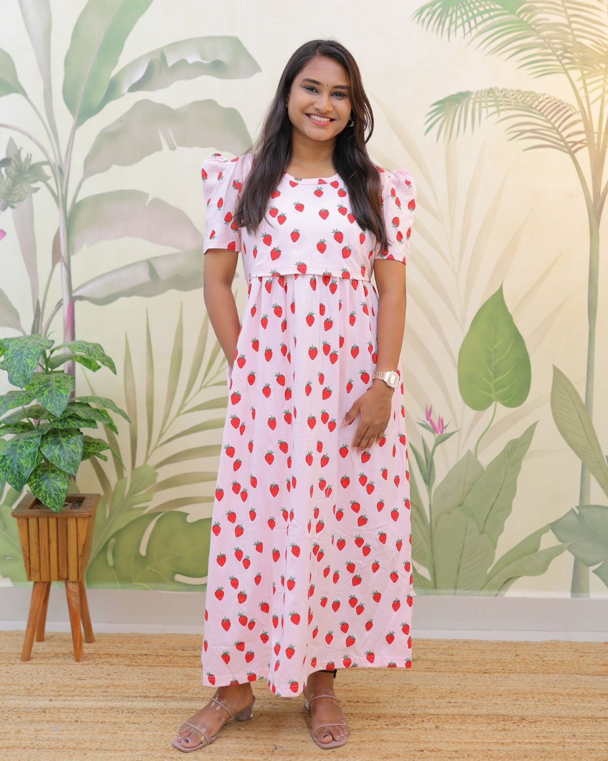 Cute-berry | Zipless Maternity Dress - Puff Sleeves | Full Length Maxi