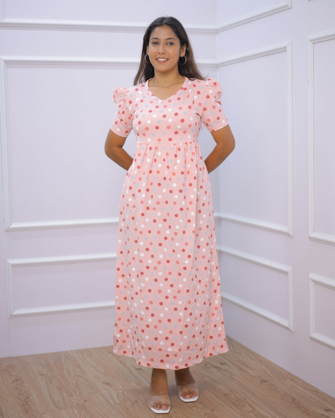 Peach Polka | Casual Non-Maternity Loungewear - Puff Sleeve | Full Length